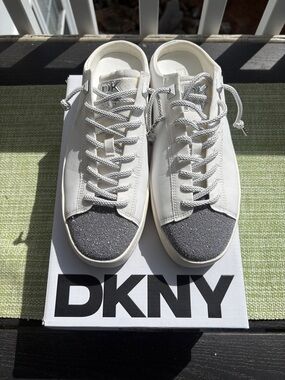 New-DKNY  White Slip On Sneakers with 
Silver Glitter Toe Caps